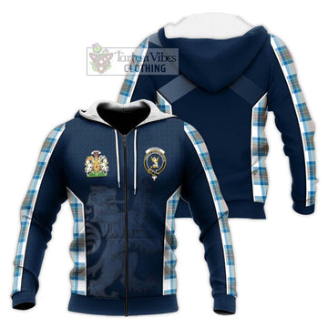 Stewart Muted Blue Tartan Knitted Hoodie with Family Crest and Lion Rampant Vibes Sport Style