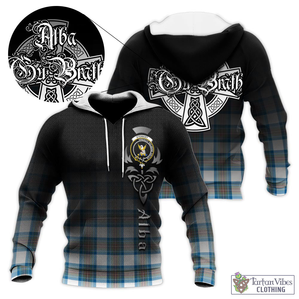 Tartan Vibes Clothing Stewart Muted Blue Tartan Knitted Hoodie Featuring Alba Gu Brath Family Crest Celtic Inspired