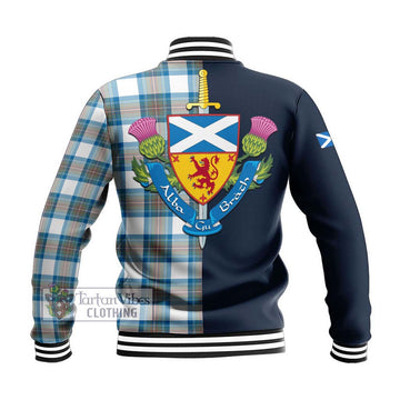 Stewart Muted Blue Tartan Baseball Jacket Alba with Scottish Lion Royal Arm Half Style