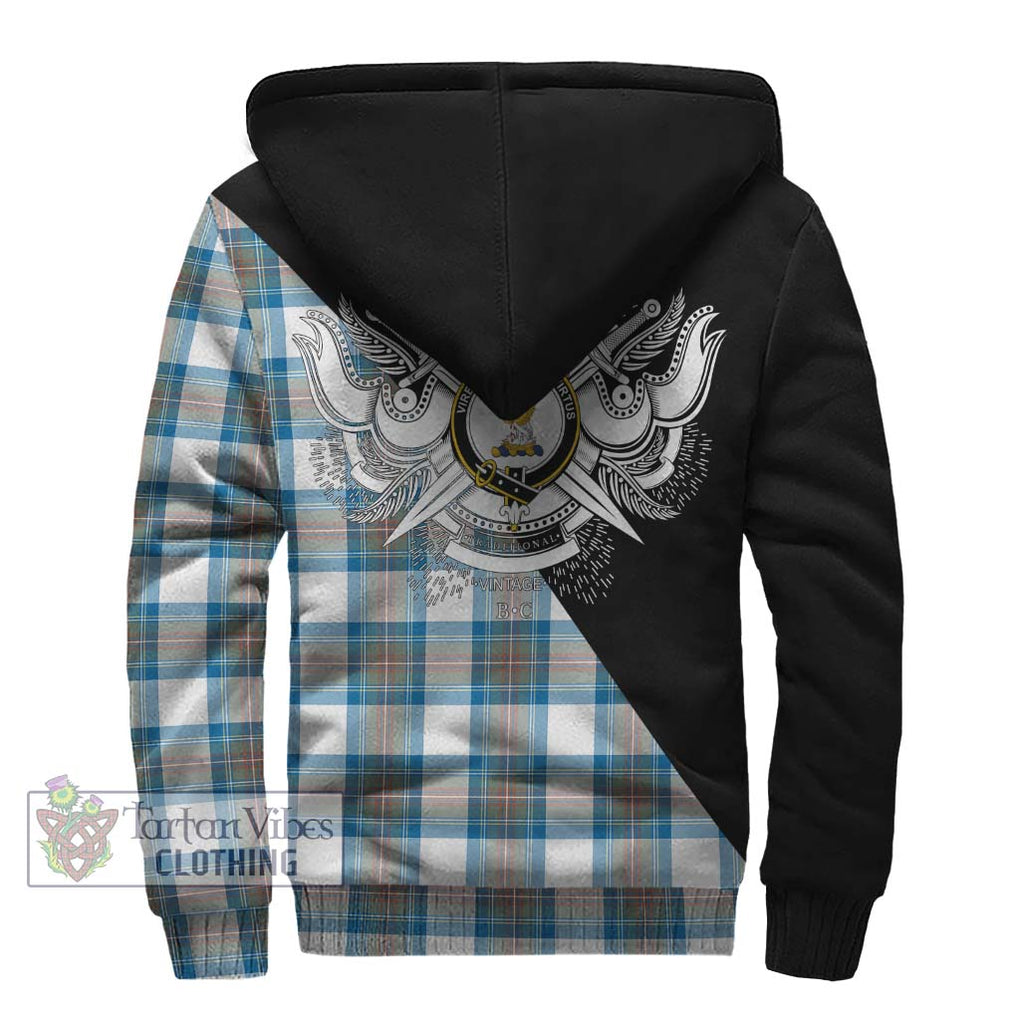 Stewart Muted Blue Tartan Sherpa Hoodie with Family Crest and Military Logo Style - Tartanvibesclothing Shop