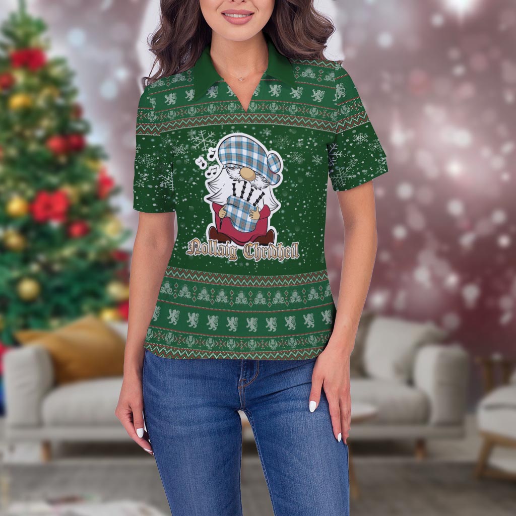 Stewart Muted Blue Clan Christmas Family Polo Shirt with Funny Gnome Playing Bagpipes Women's Polo Shirt Green - Tartanvibesclothing