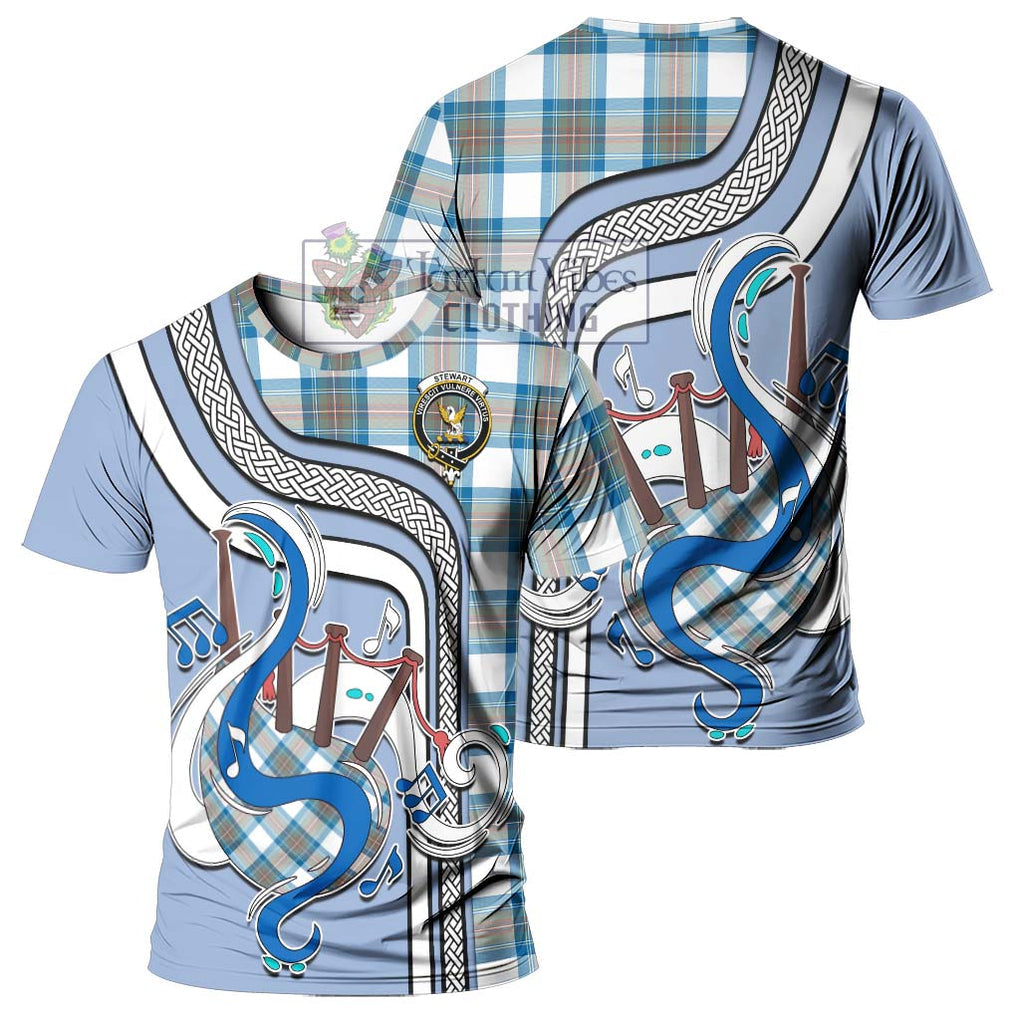 Stewart Muted Blue Tartan T-Shirt with Epic Bagpipe Style - Tartanvibesclothing Shop