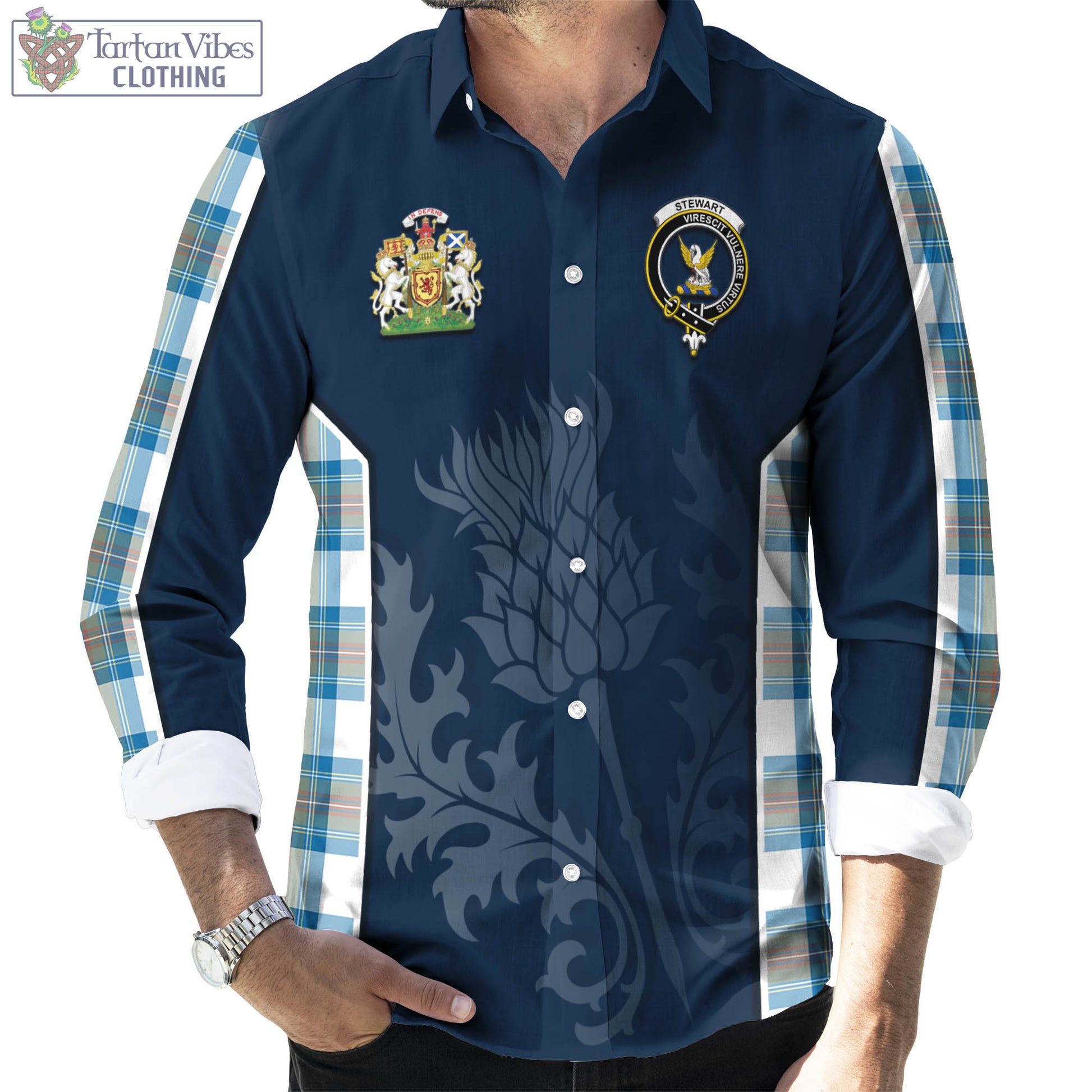 Tartan Vibes Clothing Stewart Muted Blue Tartan Long Sleeve Button Up Shirt with Family Crest and Scottish Thistle Vibes Sport Style