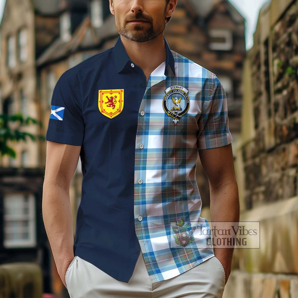 Tartan Vibes Clothing Stewart Muted Blue Tartan Short Sleeve Button Shirt with Scottish Lion Royal Arm Half Style