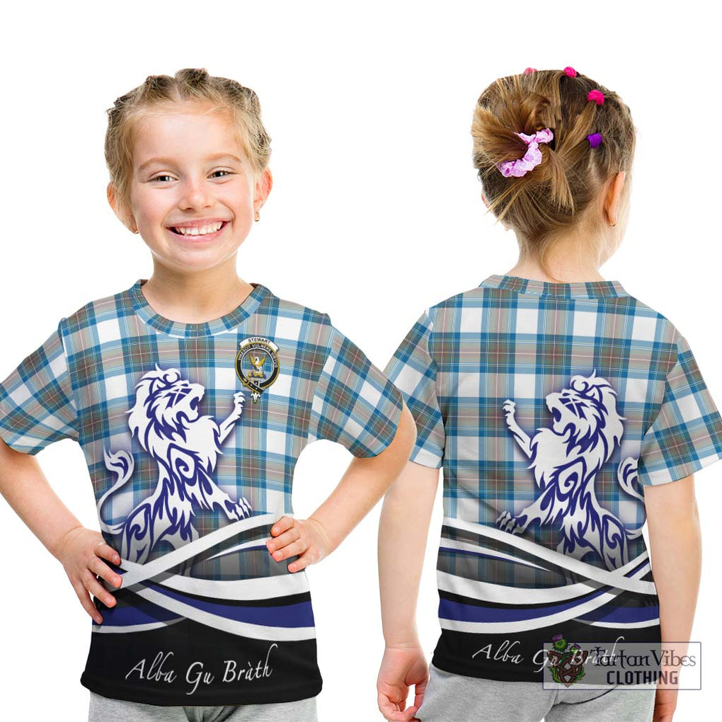 Stewart Muted Blue Tartan Kid T-Shirt with Alba Gu Brath Regal Lion Emblem - Tartanvibesclothing Shop