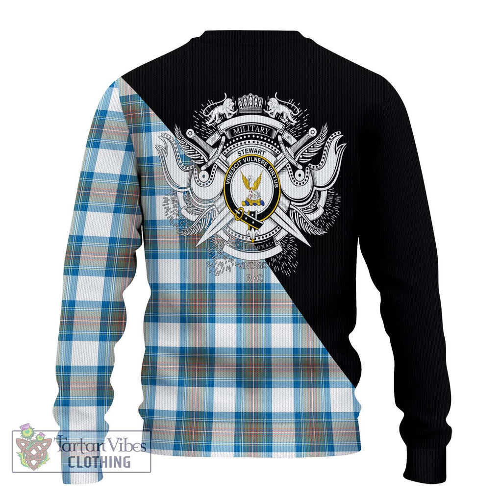 Stewart Muted Blue Tartan Knitted Sweater with Family Crest and Military Logo Style - Tartanvibesclothing Shop