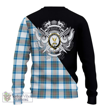 Stewart Muted Blue Tartan Ugly Sweater with Family Crest and Military Logo Style