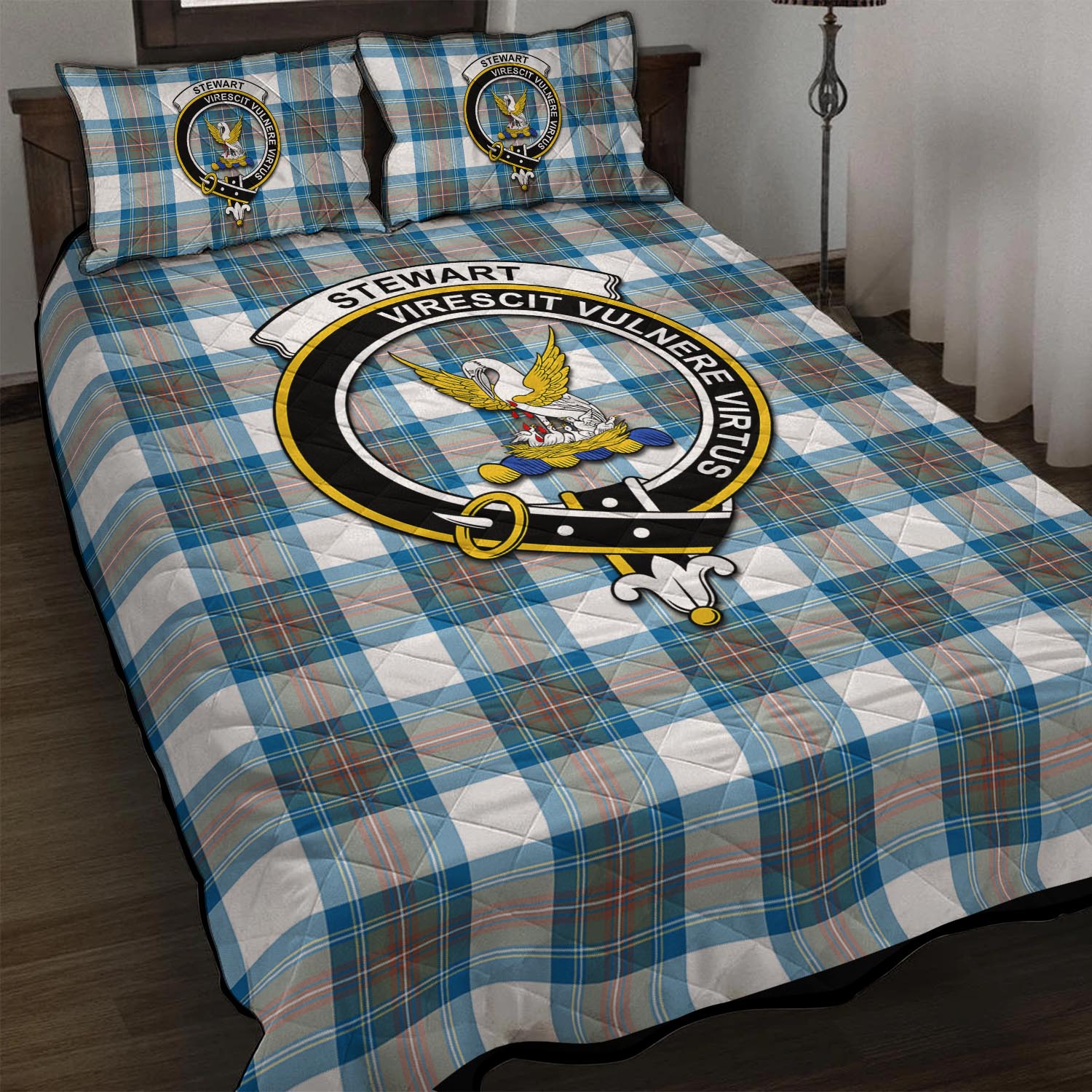 Stewart Muted Blue Tartan Quilt Bed Set with Family Crest - Tartan Vibes Clothing