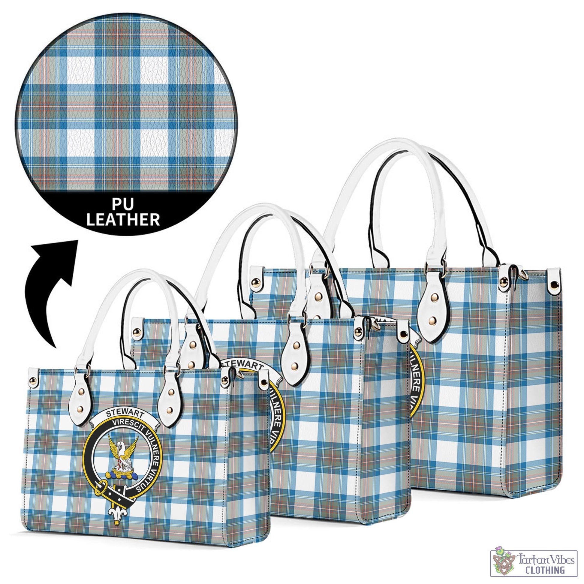 Tartan Vibes Clothing Stewart Muted Blue Tartan Luxury Leather Handbags with Family Crest