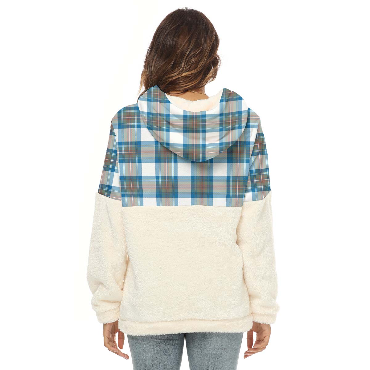 Stewart Muted Blue Tartan Women's Borg Fleece Hoodie With Half Zip with Family Crest - Tartan Vibes Clothing