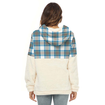 Stewart Muted Blue Tartan Women's Borg Fleece Hoodie With Half Zip with Family Crest