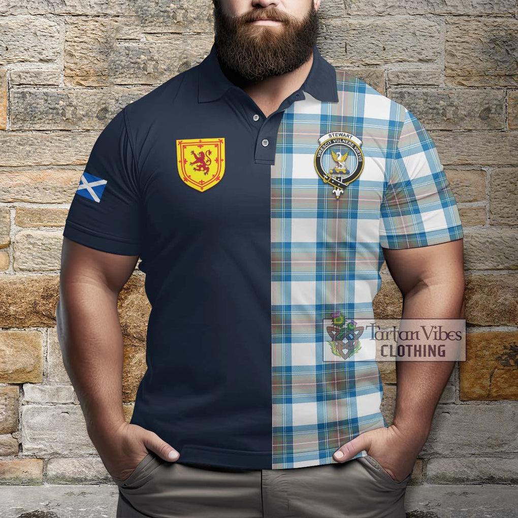 Tartan Vibes Clothing Stewart Muted Blue Tartan Polo Shirt with Scottish Lion Royal Arm Half Style