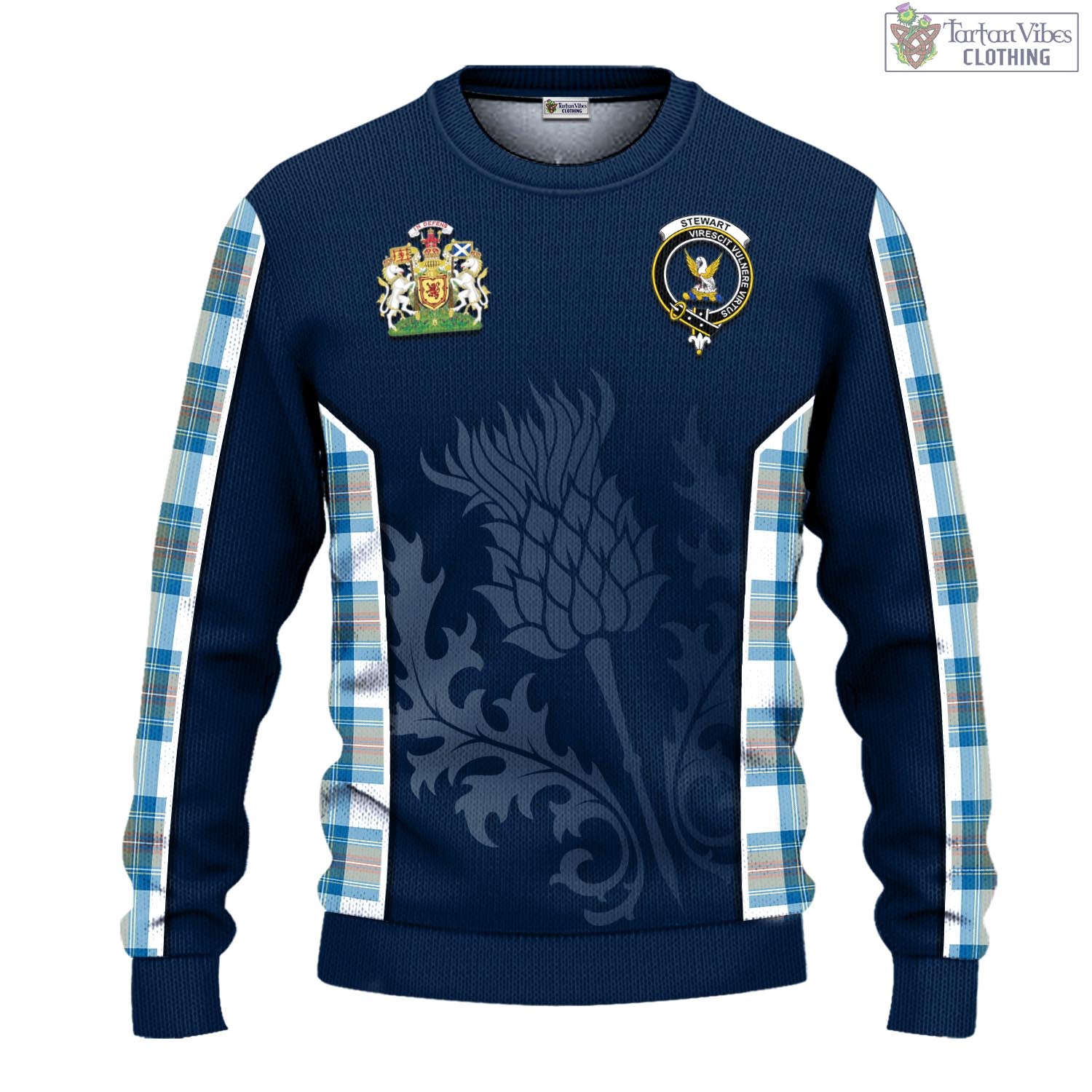 Tartan Vibes Clothing Stewart Muted Blue Tartan Knitted Sweatshirt with Family Crest and Scottish Thistle Vibes Sport Style