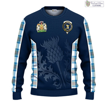 Stewart Muted Blue Tartan Knitted Sweatshirt with Family Crest and Scottish Thistle Vibes Sport Style