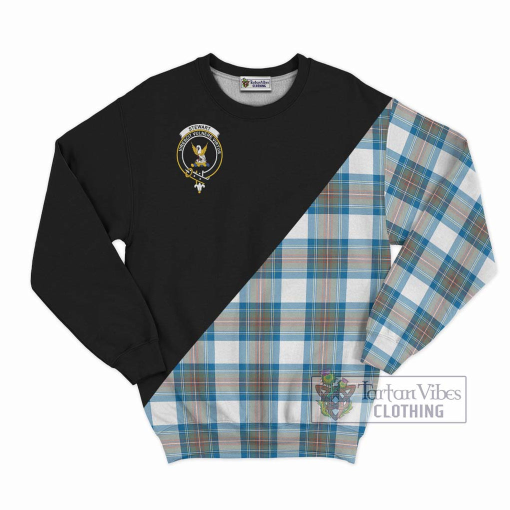 Stewart Muted Blue Tartan Sweatshirt with Family Crest and Military Logo Style - Tartanvibesclothing Shop