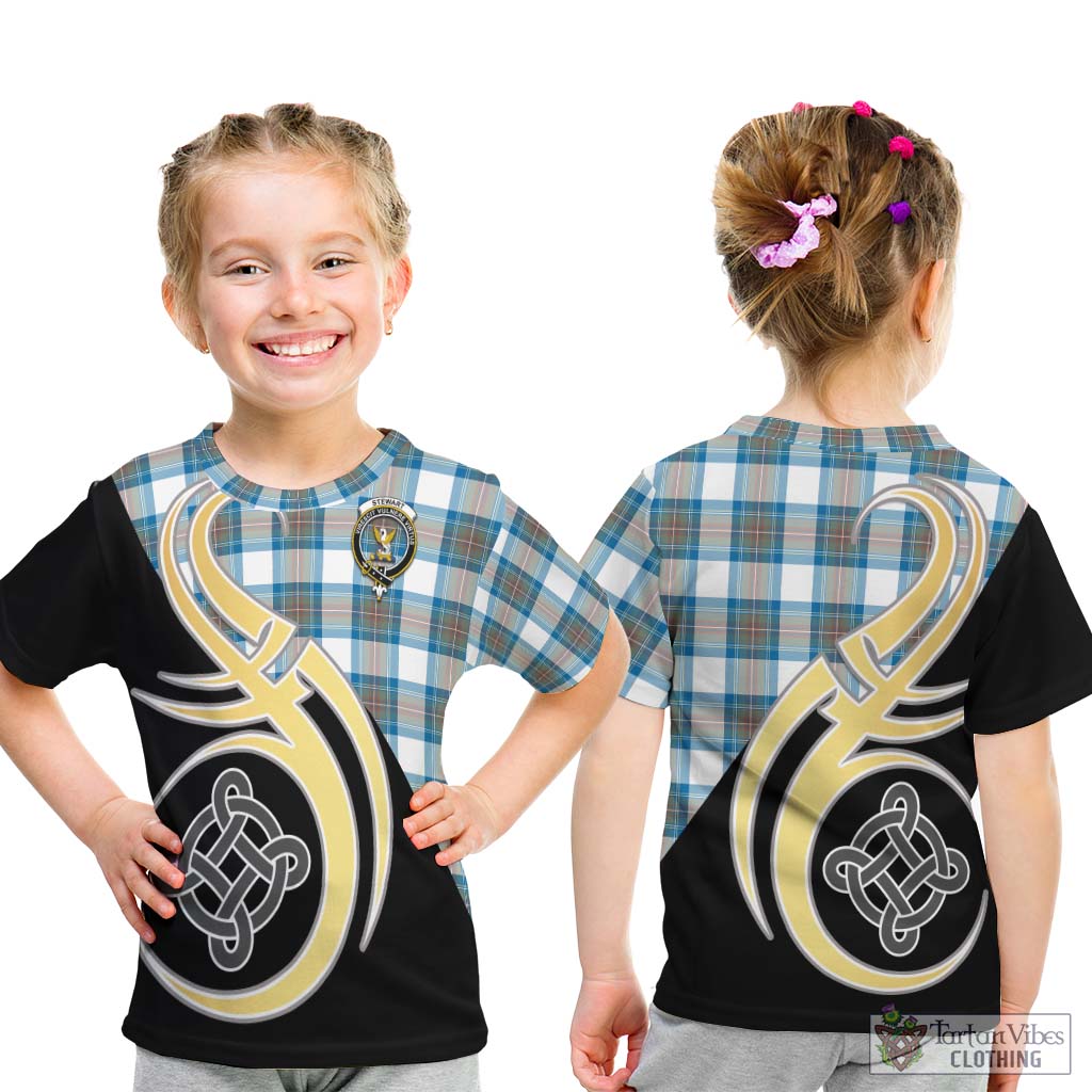 Stewart Muted Blue Tartan Kid T-Shirt with Family Crest and Celtic Symbol Style - Tartan Vibes Clothing