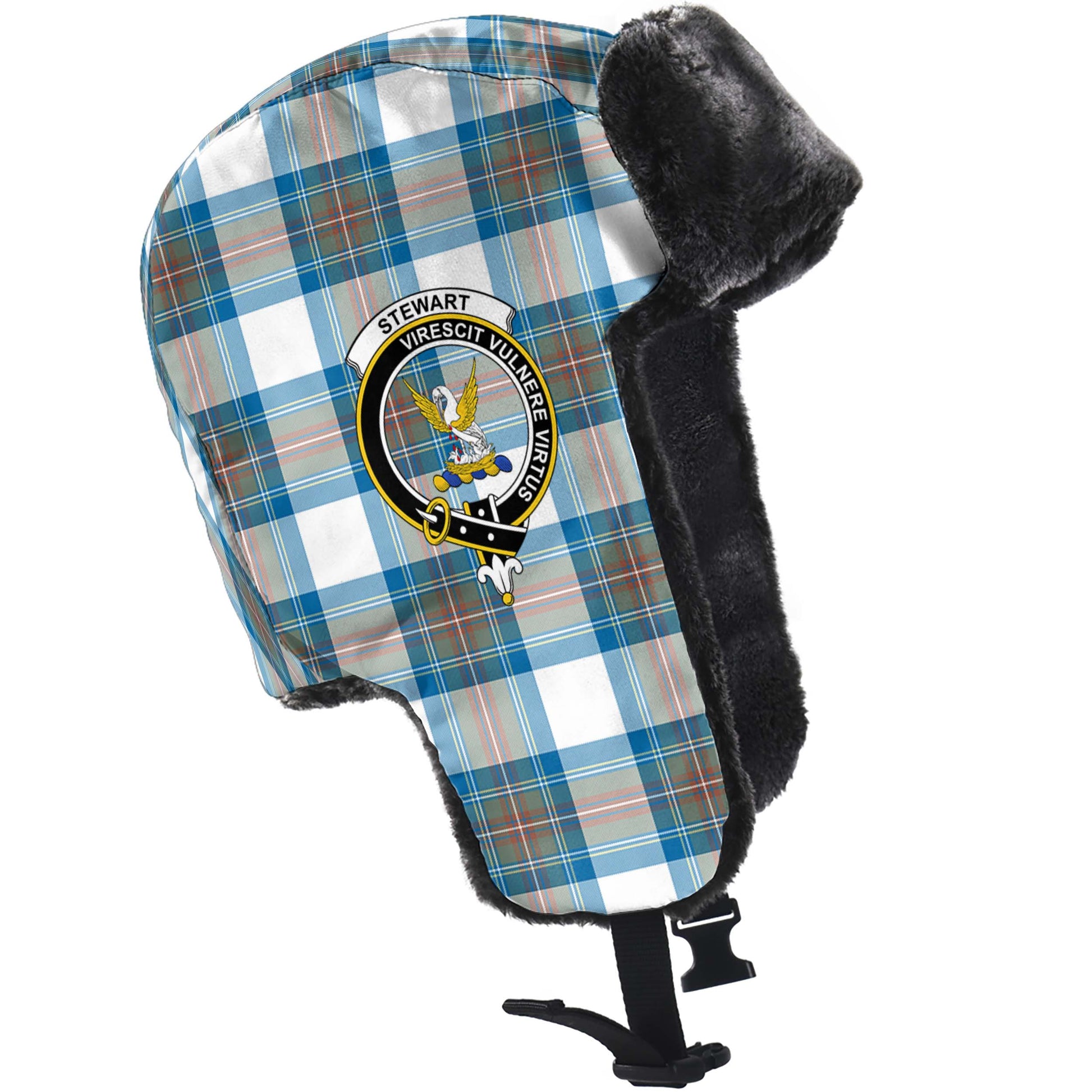 Stewart Muted Blue Tartan Winter Trapper Hat with Family Crest - Tartanvibesclothing