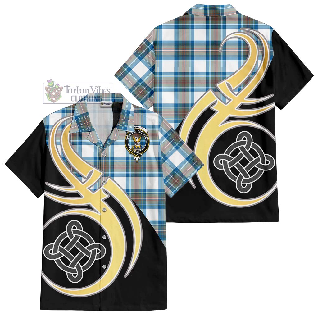 Stewart Muted Blue Tartan Short Sleeve Button Shirt with Family Crest and Celtic Symbol Style - Tartan Vibes Clothing