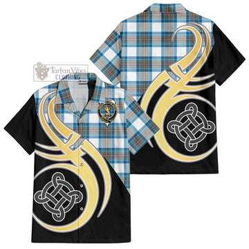 Stewart Muted Blue Tartan Short Sleeve Button Shirt with Family Crest and Celtic Symbol Style