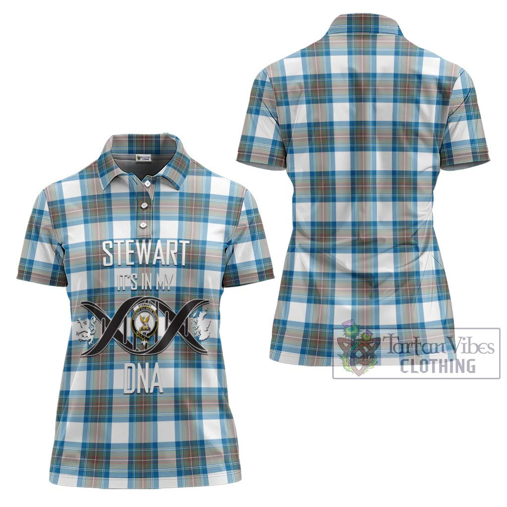 Stewart Muted Blue Tartan Women's Polo Shirt with Family Crest DNA In Me Style - Tartanvibesclothing Shop