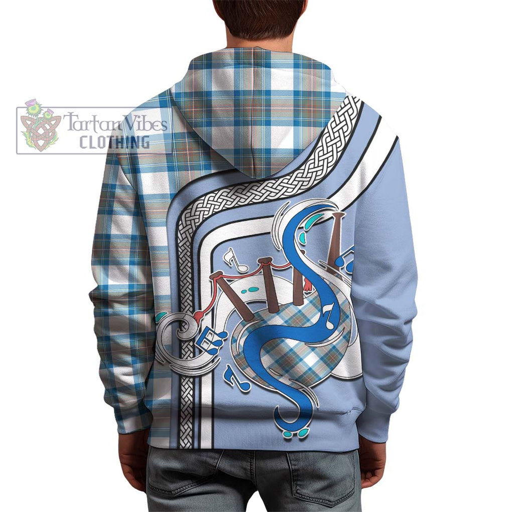 Stewart Muted Blue Tartan Hoodie with Epic Bagpipe Style - Tartanvibesclothing Shop