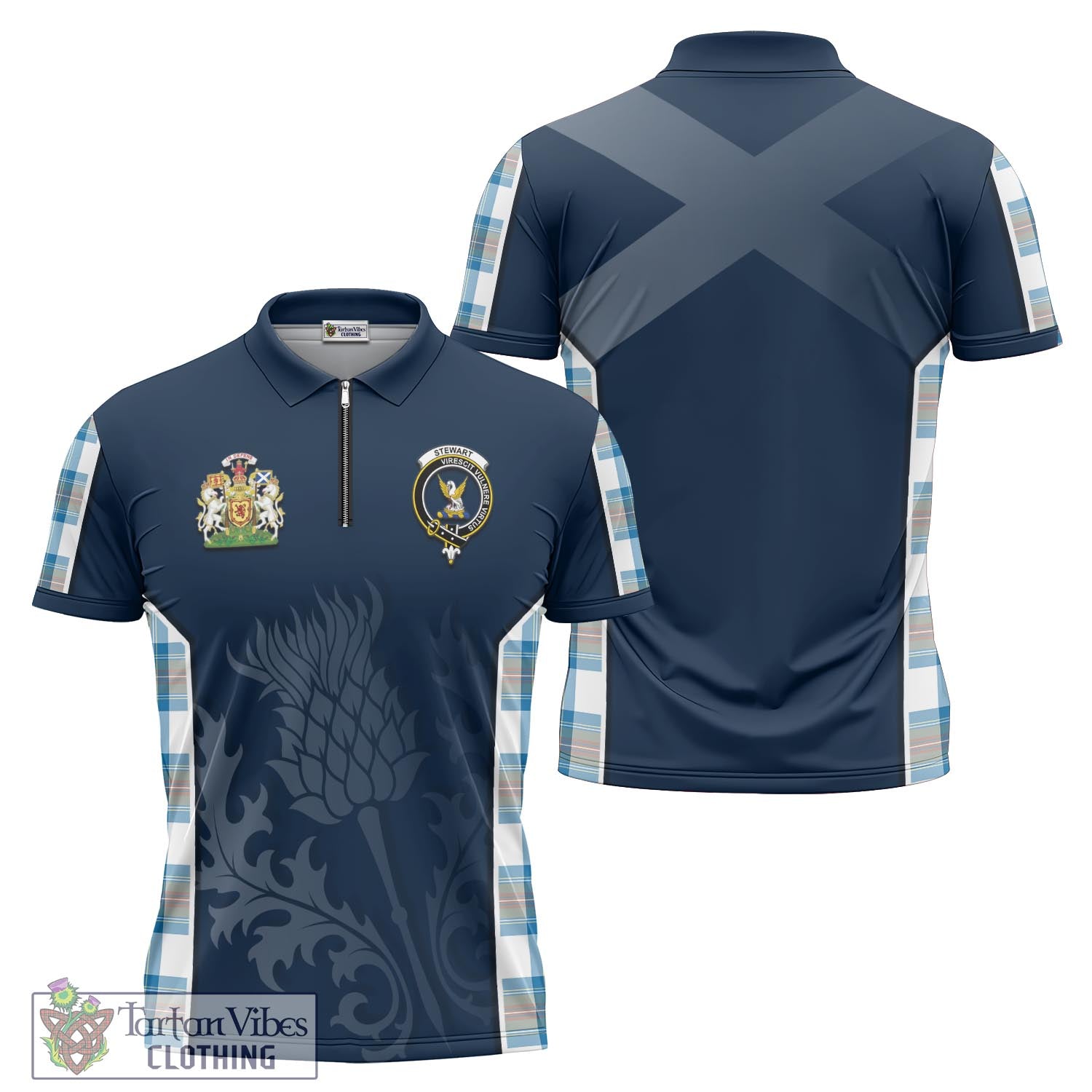 Tartan Vibes Clothing Stewart Muted Blue Tartan Zipper Polo Shirt with Family Crest and Scottish Thistle Vibes Sport Style