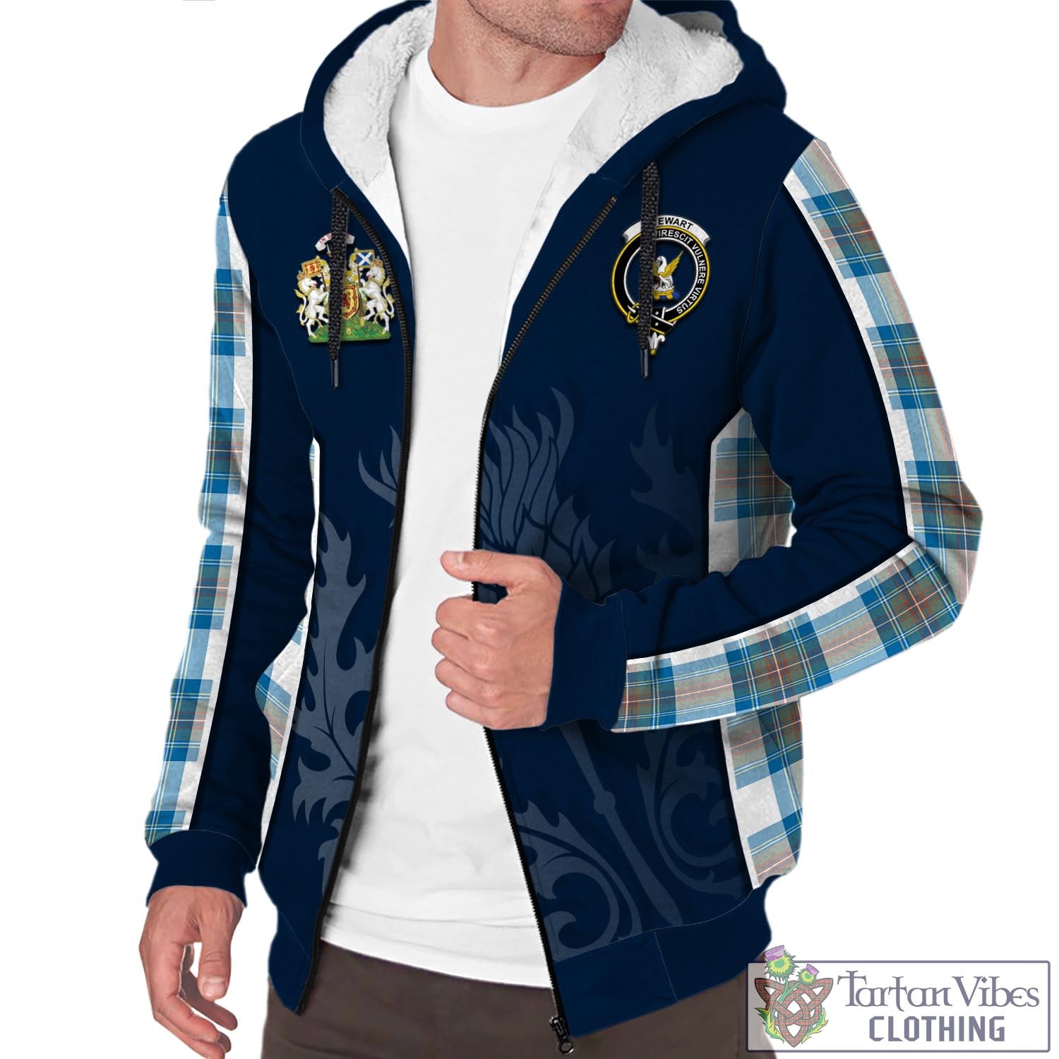 Tartan Vibes Clothing Stewart Muted Blue Tartan Sherpa Hoodie with Family Crest and Scottish Thistle Vibes Sport Style