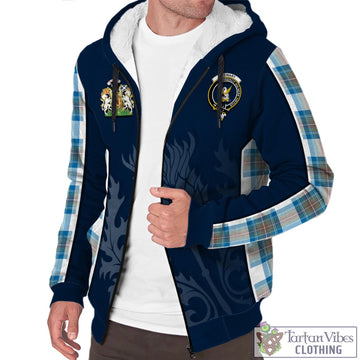 Stewart Muted Blue Tartan Sherpa Hoodie with Family Crest and Scottish Thistle Vibes Sport Style