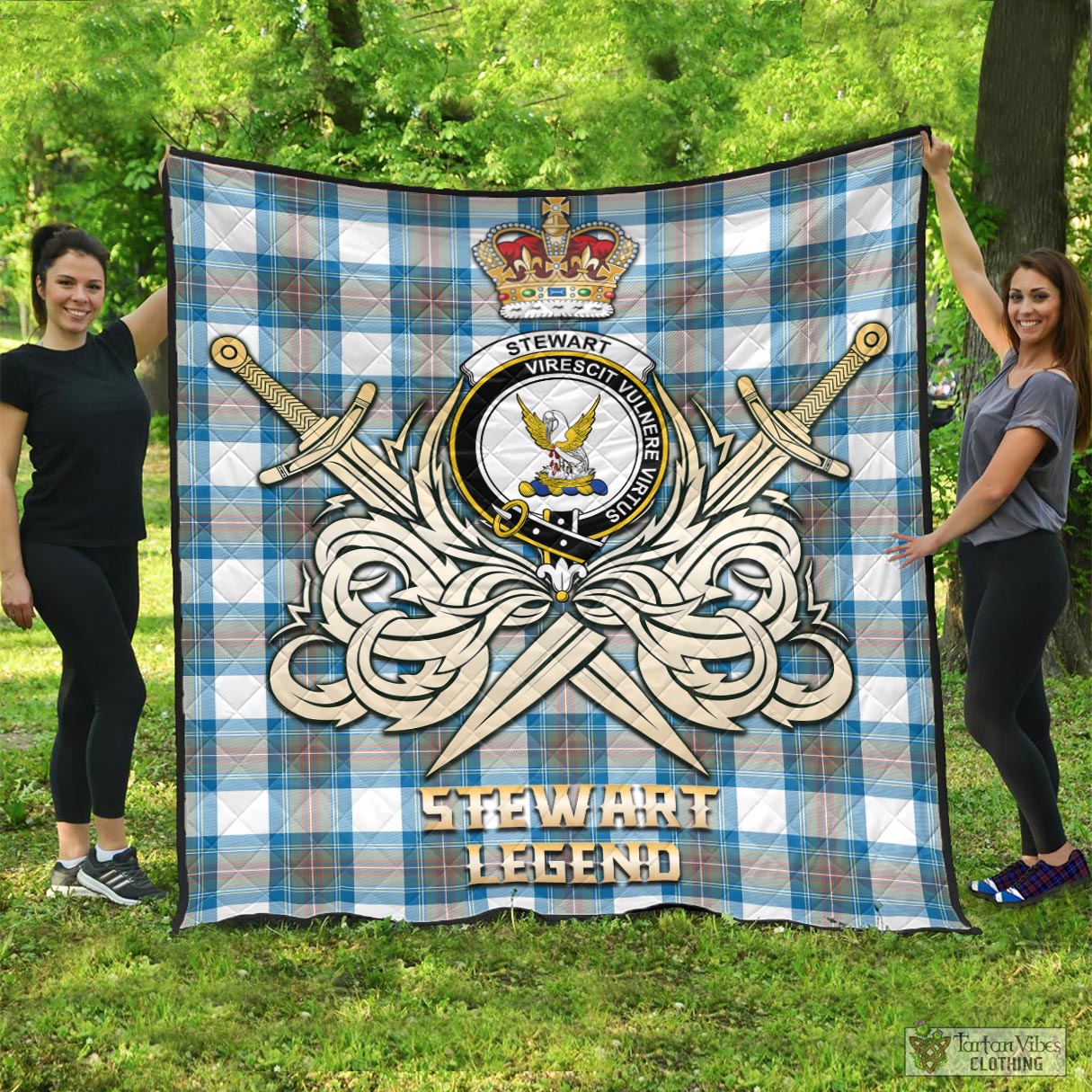 Tartan Vibes Clothing Stewart Muted Blue Tartan Quilt with Clan Crest and the Golden Sword of Courageous Legacy