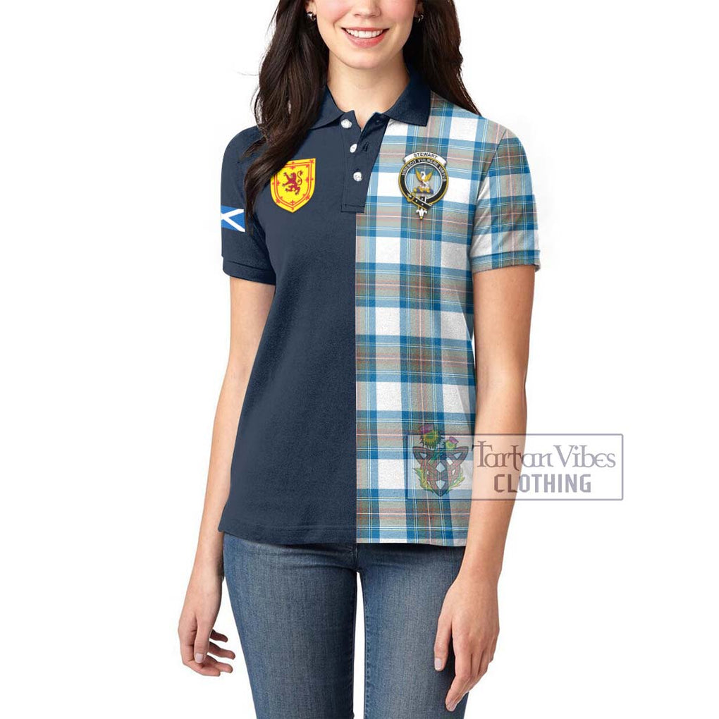 Tartan Vibes Clothing Stewart Muted Blue Tartan Women's Polo Shirt with Scottish Lion Royal Arm Half Style