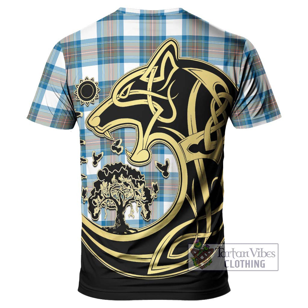 Stewart Muted Blue Tartan T-Shirt with Family Crest Celtic Wolf Style - Tartan Vibes Clothing