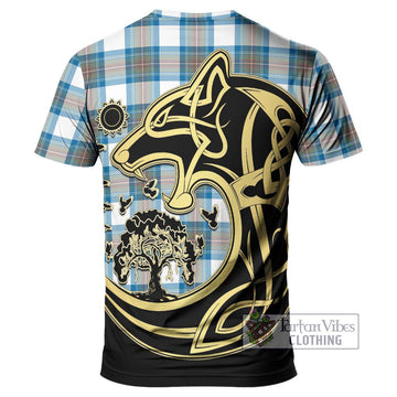 Stewart Muted Blue Tartan T-Shirt with Family Crest Celtic Wolf Style