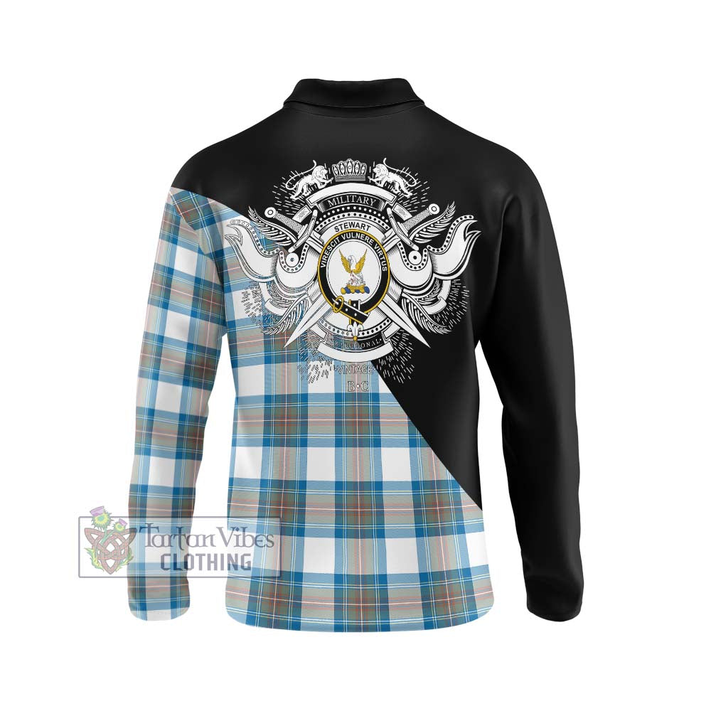 Stewart Muted Blue Tartan Long Sleeve Polo Shirt with Family Crest and Military Logo Style - Tartanvibesclothing Shop