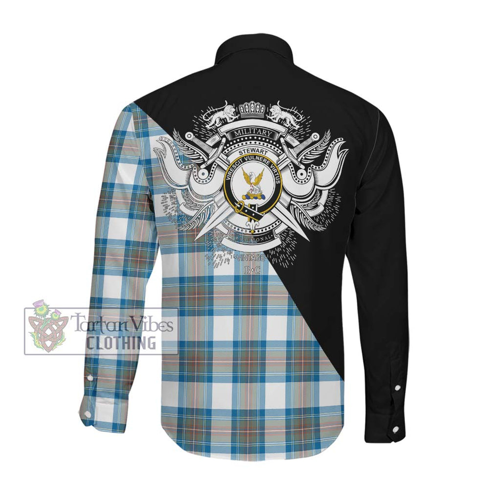 Stewart Muted Blue Tartan Long Sleeve Button Shirt with Family Crest and Military Logo Style Men's Shirt - Tartanvibesclothing Shop