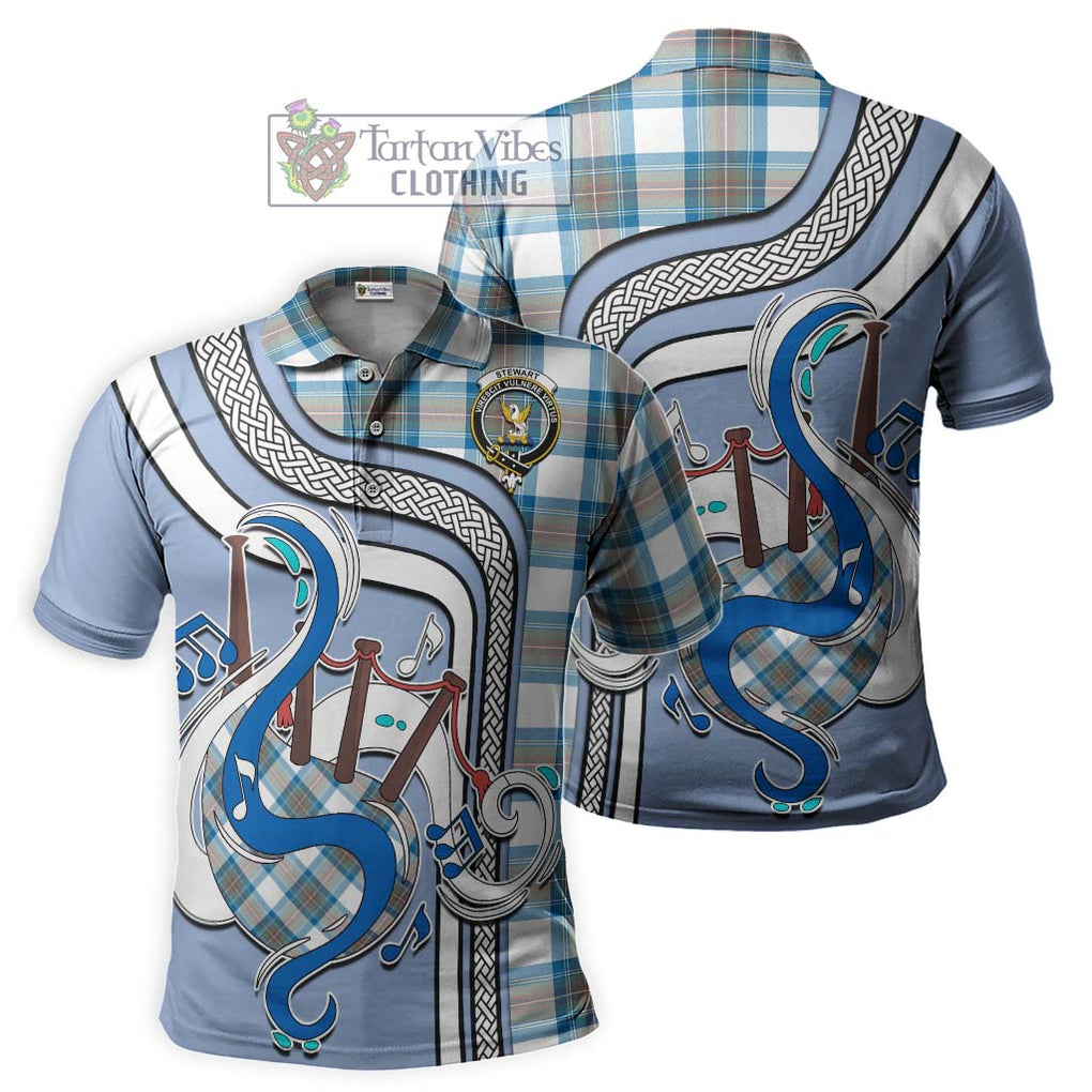 Tartan Vibes Clothing Stewart Muted Blue Tartan Polo Shirt with Epic Bagpipe Style