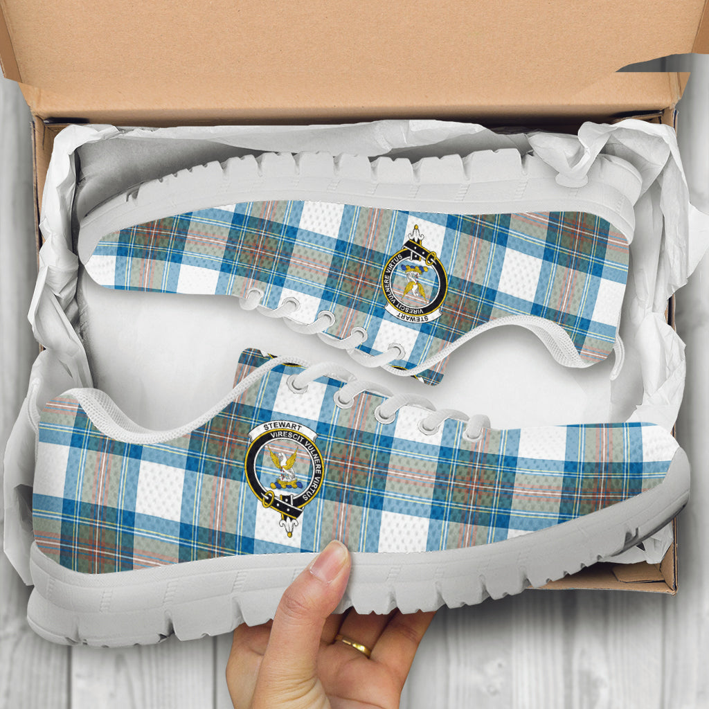 Stewart Muted Blue Tartan Sneakers with Family Crest - Tartan Vibes Clothing