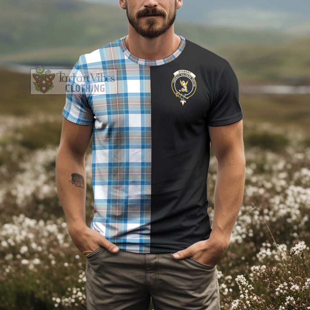 Stewart Muted Blue Tartan T-Shirt with Family Crest and Half Of Me Style - Tartanvibesclothing Shop