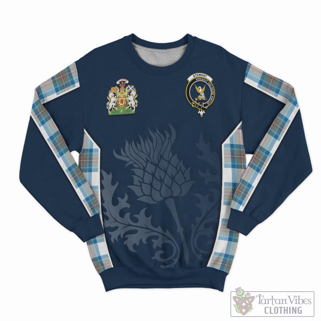 Tartan Vibes Clothing Stewart Muted Blue Tartan Sweatshirt with Family Crest and Scottish Thistle Vibes Sport Style