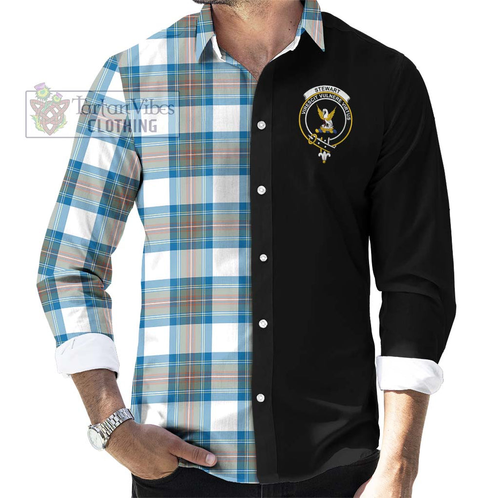 Stewart Muted Blue Tartan Long Sleeve Button Shirt with Family Crest and Half Of Me Style - Tartanvibesclothing Shop