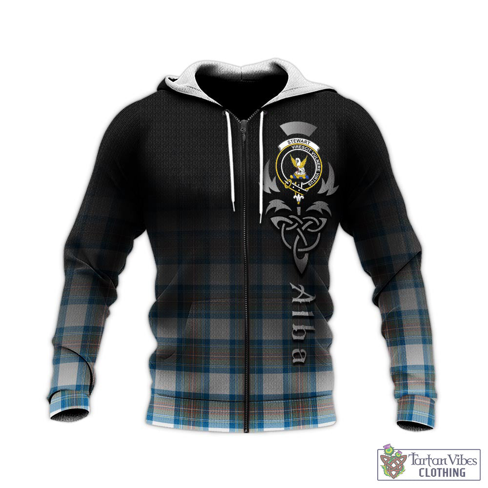 Tartan Vibes Clothing Stewart Muted Blue Tartan Knitted Hoodie Featuring Alba Gu Brath Family Crest Celtic Inspired