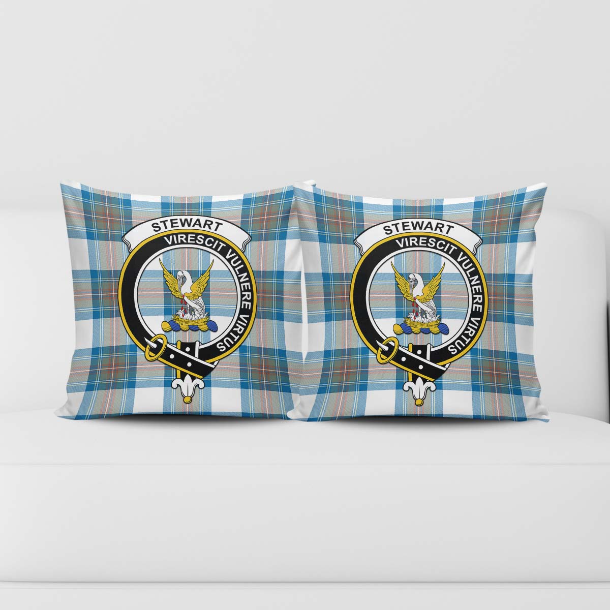 Stewart Muted Blue Tartan Pillow Cover with Family Crest - Tartanvibesclothing