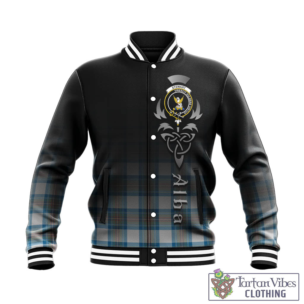 Tartan Vibes Clothing Stewart Muted Blue Tartan Baseball Jacket Featuring Alba Gu Brath Family Crest Celtic Inspired