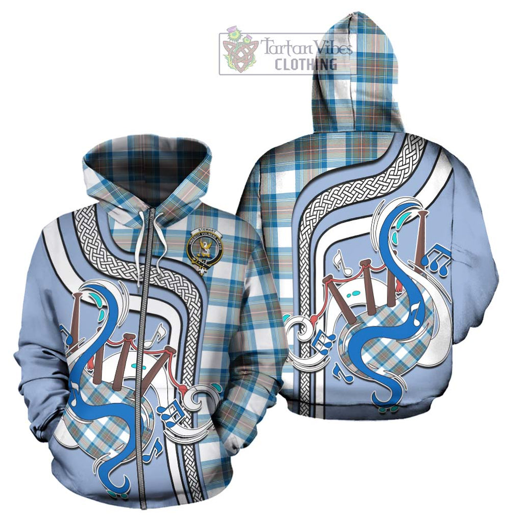 Stewart Muted Blue Tartan Hoodie with Epic Bagpipe Style - Tartanvibesclothing Shop