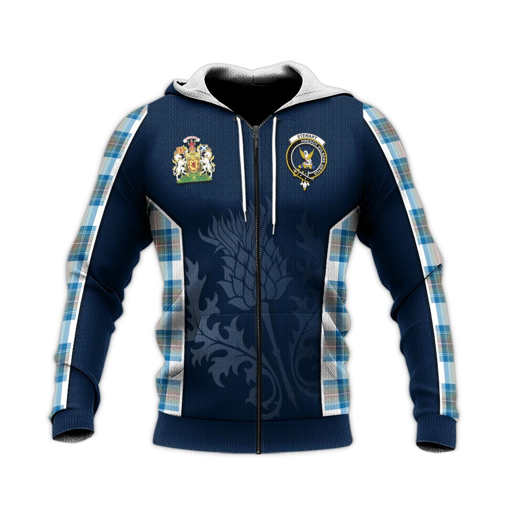 Tartan Vibes Clothing Stewart Muted Blue Tartan Knitted Hoodie with Family Crest and Scottish Thistle Vibes Sport Style