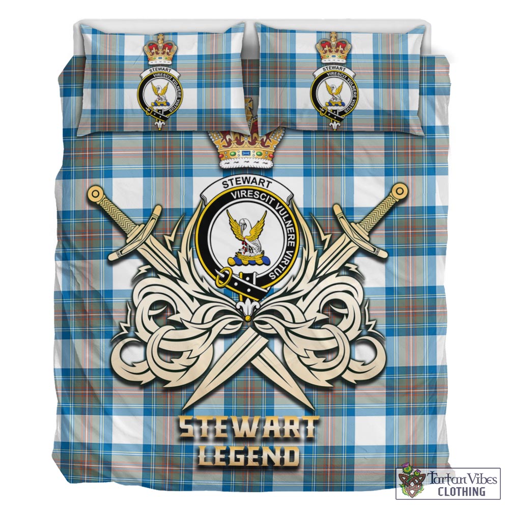 Tartan Vibes Clothing Stewart Muted Blue Tartan Bedding Set with Clan Crest and the Golden Sword of Courageous Legacy