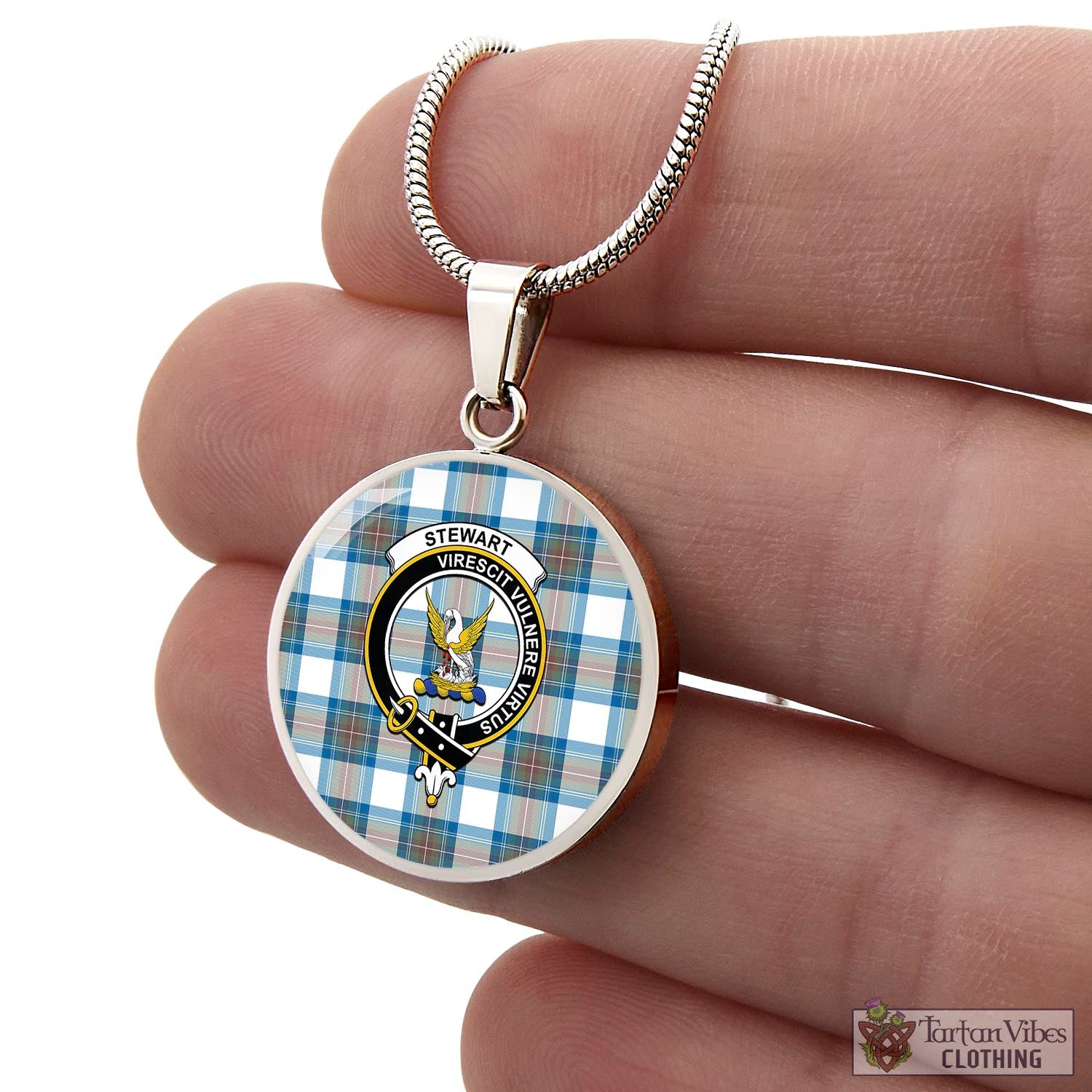 Tartan Vibes Clothing Stewart Muted Blue Tartan Circle Necklace with Family Crest