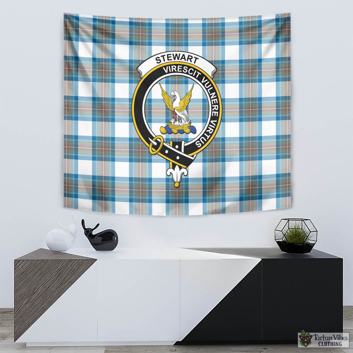 Tartan Vibes Clothing Stewart Muted Blue Tartan Tapestry Wall Hanging and Home Decor for Room with Family Crest