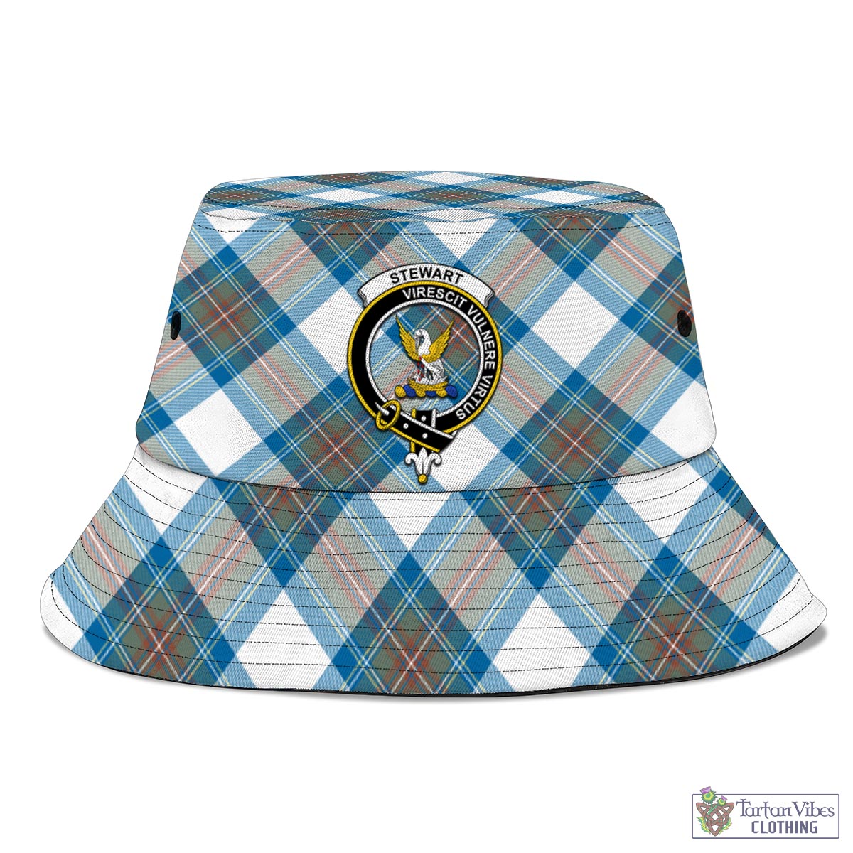 Tartan Vibes Clothing Stewart Muted Blue Tartan Bucket Hat with Family Crest