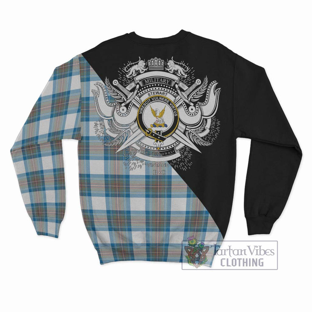 Stewart Muted Blue Tartan Sweatshirt with Family Crest and Military Logo Style - Tartanvibesclothing Shop