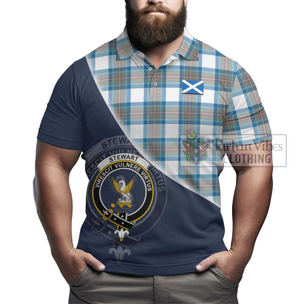 Stewart Muted Blue Tartan Polo Shirt with Personalised National Flag and Family Crest Half Style - Tartanvibesclothing Shop